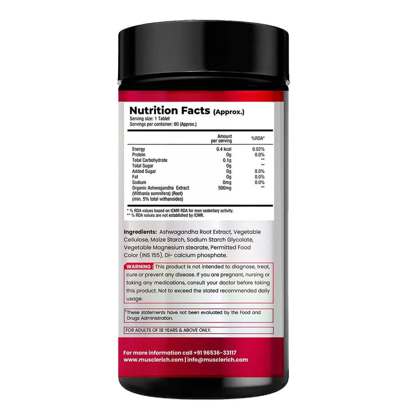 MuscleRich Ashwagandha 500mg (60 Tablets) for stress relief, muscle strength, and immunity support. Premium herbal supplement for overall wellness.