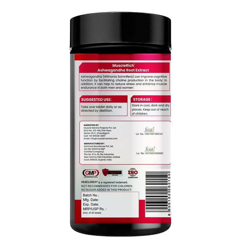 MuscleRich Ashwagandha 500mg (60 Tablets) for stress relief, muscle strength, and immunity support. Premium herbal supplement for overall wellness.