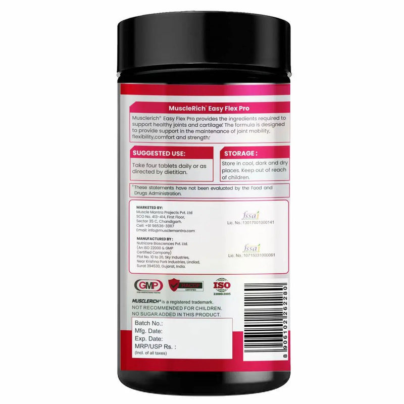 MuscleRich Easy Flex Pro - Joint Health supplement with glucosamine, MSM, chondroitin, and vitamin K2 for joint mobility and strength. 100 tablets.