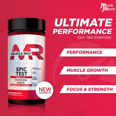 MuscleRich L-Arginine 1000mg supplement bottle with 60 capsules. Supports blood flow, vascular function, and nitric oxide production for fitness and health.