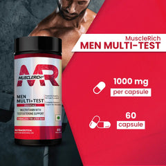 MuscleRich Men Multi+Test multivitamin with testosterone support, 60 tablets. Designed for active men, boosts vitality and immune function.