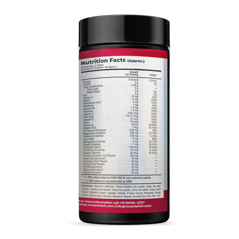 MuscleRich Men Multi+Test multivitamin with testosterone support, 60 tablets. Designed for active men, boosts vitality and immune function.