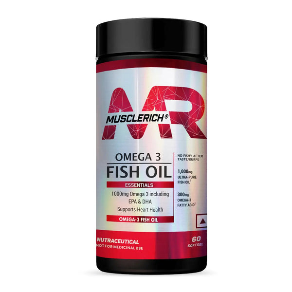 MuscleRich Omega-3 Fish Oil supplement with 1000mg Omega-3, including EPA & DHA, in a 60-softgel bottle. Supports heart health with no fishy aftertaste.