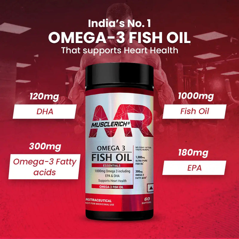 MuscleRich Omega-3 Fish Oil supplement with 1000mg Omega-3, including EPA & DHA, in a 60-softgel bottle. Supports heart health with no fishy aftertaste.