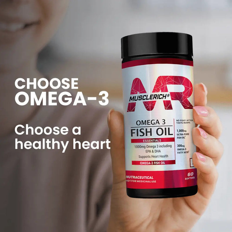MuscleRich Omega-3 Fish Oil supplement with 1000mg Omega-3, including EPA & DHA, in a 60-softgel bottle. Supports heart health with no fishy aftertaste.