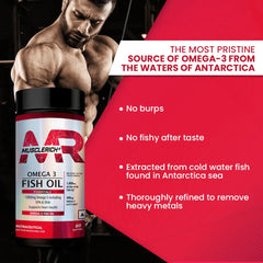 MuscleRich Omega-3 Fish Oil supplement with 1000mg Omega-3, including EPA & DHA, in a 60-softgel bottle. Supports heart health with no fishy aftertaste.