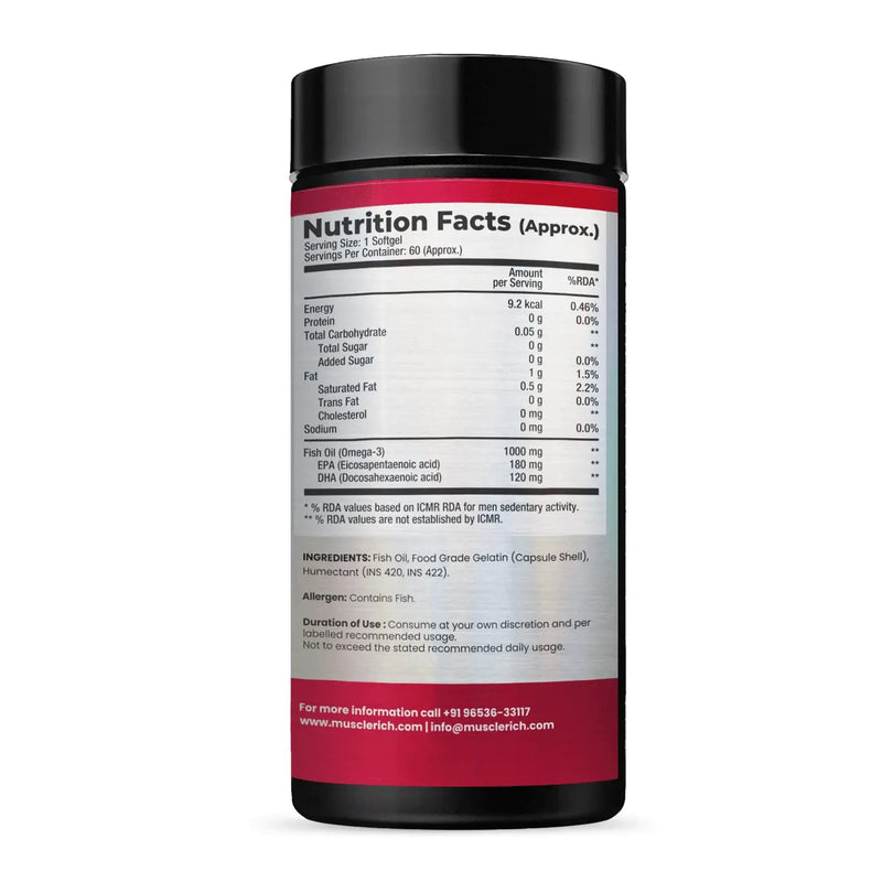 MuscleRich Omega-3 Fish Oil supplement with 1000mg Omega-3, including EPA & DHA, in a 60-softgel bottle. Supports heart health with no fishy aftertaste.
