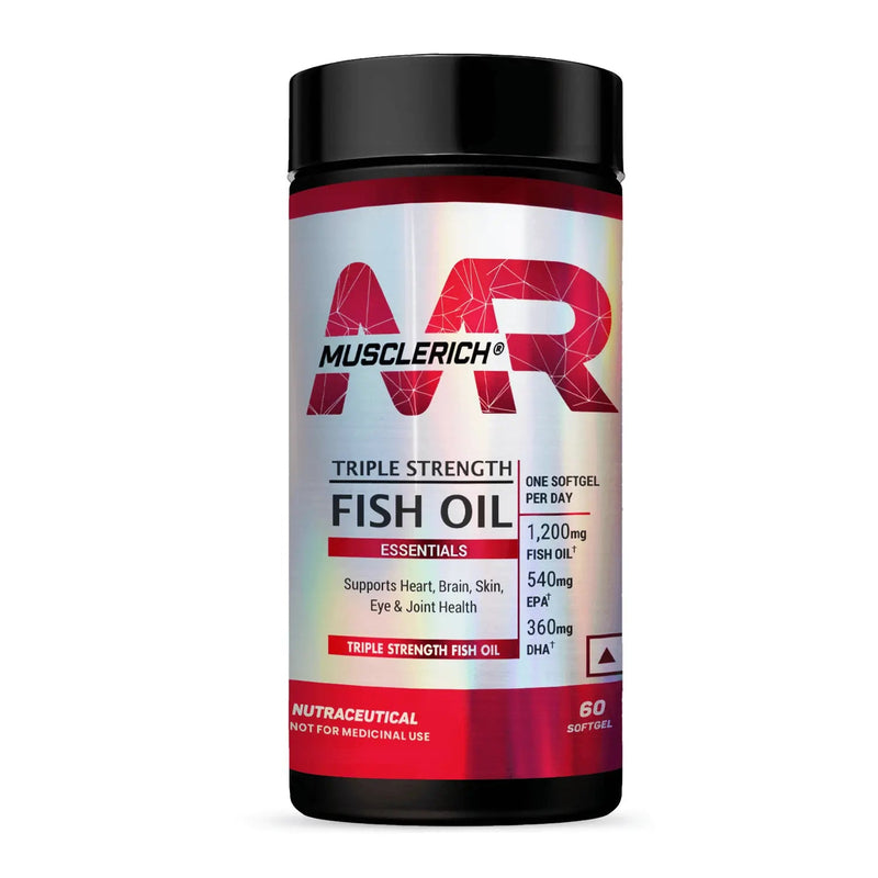 MuscleRich Triple Strength Fish Oil supplement with 1,200mg fish oil, 540mg EPA, and 360mg DHA. Supports heart, brain, skin, eye, and joint health. 60 softgels.