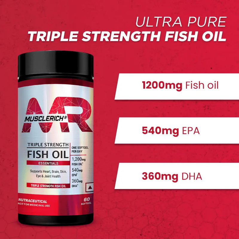 MuscleRich Triple Strength Fish Oil supplement with 1,200mg fish oil, 540mg EPA, and 360mg DHA. Supports heart, brain, skin, eye, and joint health. 60 softgels.
