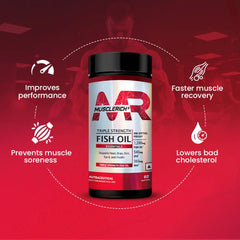 MuscleRich Triple Strength Fish Oil supplement with 1,200mg fish oil, 540mg EPA, and 360mg DHA. Supports heart, brain, skin, eye, and joint health. 60 softgels.