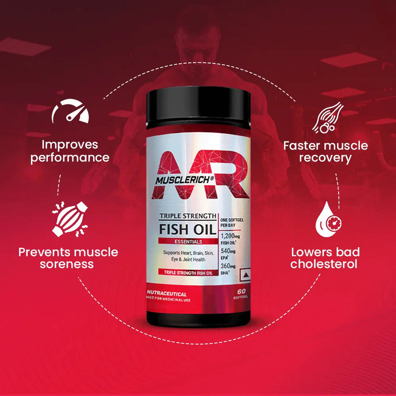 MuscleRich Triple Strength Fish Oil supplement with 1,200mg fish oil, 540mg EPA, and 360mg DHA. Supports heart, brain, skin, eye, and joint health. 60 softgels.