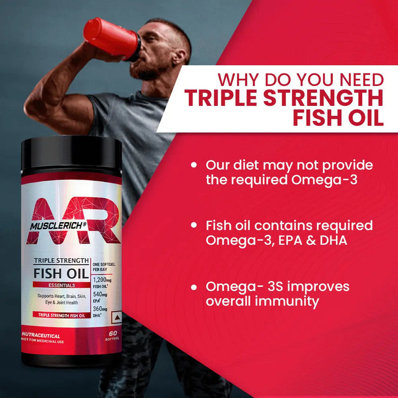 MuscleRich Triple Strength Fish Oil supplement with 1,200mg fish oil, 540mg EPA, and 360mg DHA. Supports heart, brain, skin, eye, and joint health. 60 softgels.